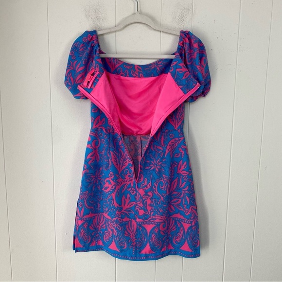 Lilly Pulitzer Jada Off-The-Shoulder Romper  Size 0 Pink Blue Missing Tie Waist - Picture 10 of 15